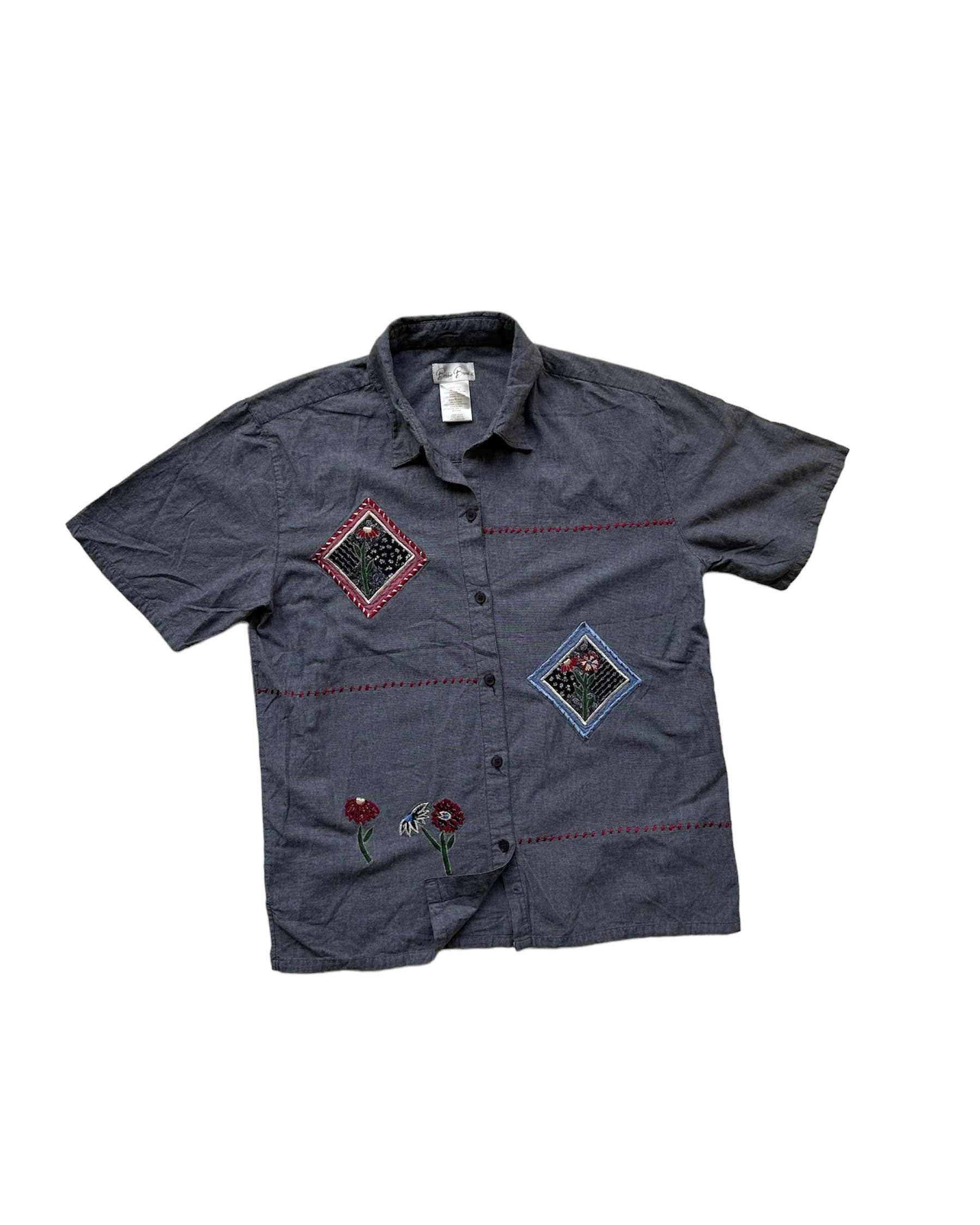 限定版 Vintage Sleeve Short Top Chambray Gray Embroidery Patchwork トップス