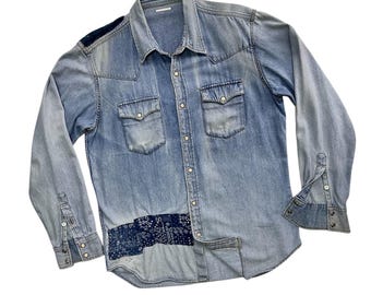 Uniek handwerk vintage blauw denim westernshirt snap patchwork Boro Sashiko-stijl indigo Jean Rag Hand-rework Retro Street Refashion Zeldzaam