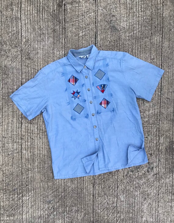 Men Vintage Patchwork Embroidery Chambray Top Sho… - image 3