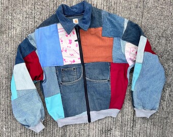 Vintage Unique Handmade Custom Upcycled Jeans Rag Denim Bomber Jacket Colorblock Colorful Applique Handcrafted Patchwork Rework Rare Unisex