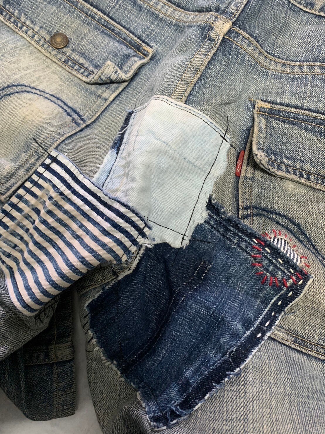 Rare Unique Vintage Patchwork Jeans Reworked Street Style Repair Frayed