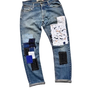 Rare Unique Vintage Patchwork Jeans Reworked Remake Artwork Ripped Splatter Denim Rust Splash Paint Patched Handcraft Stitch Boro Pant Retro