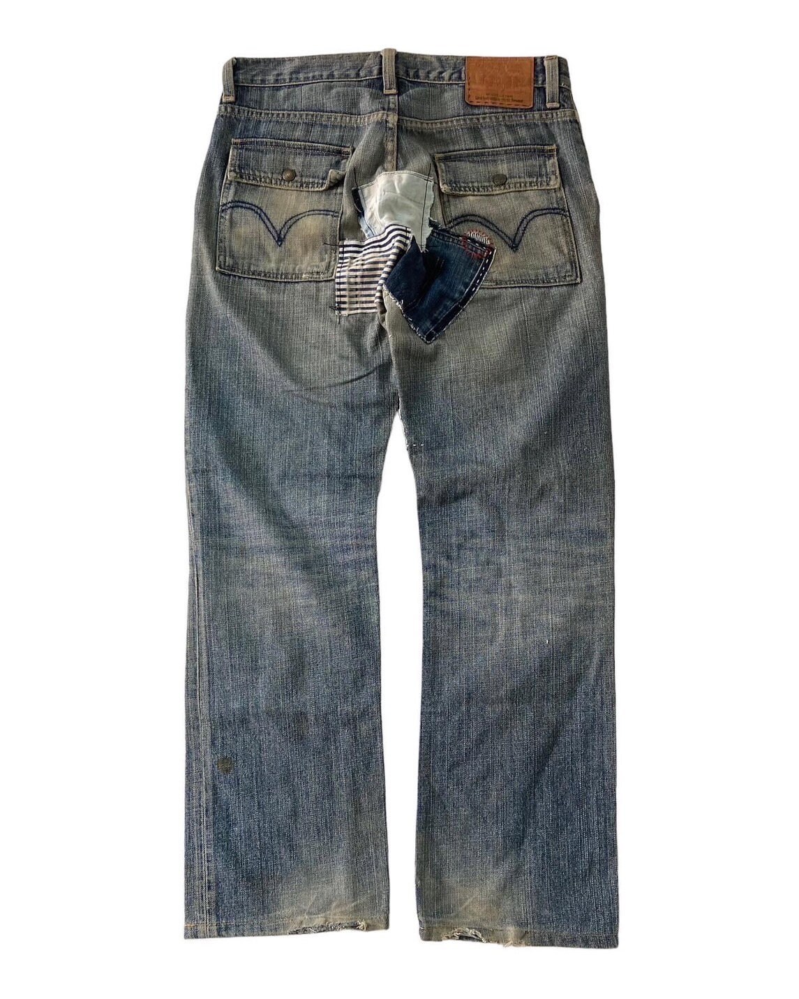 Rare Unique Vintage Patchwork Jeans Reworked Street Style Repair Frayed