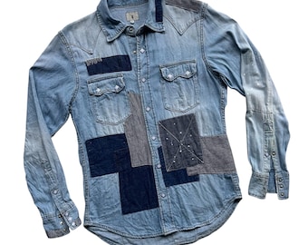 Uniek handwerk vintage blauw denim westernshirt snap patchwork boro sashiko indigo jean vod combinatie herwerking retro straatrefashion zeldzaam
