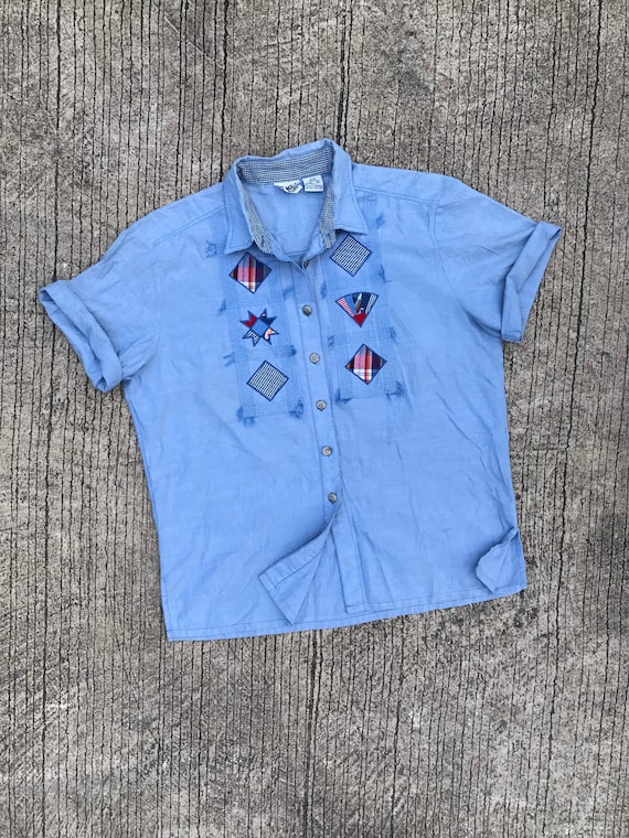 Men Vintage Patchwork Embroidery Chambray Top Sho… - image 2
