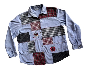 Vintage Blue Jeans Patchwork Shirt Classic Patched Combination Plaid Colorblock Chambray Unique Embroidery Casual Outerwear Street Loose Fit
