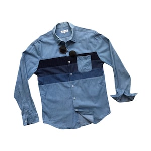 Vintage Blue Indigo Denim Patchwork Shirts Colorblock Three layers Combination Jeans Patched Pocket Unique Casual Outerwear Long Sleeves Men