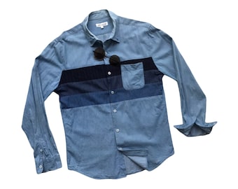 Vintage Blue Indigo Denim Patchwork Shirts Colorblock Three layers Combination Jeans Patched Pocket Unique Casual Outerwear Long Sleeves Men