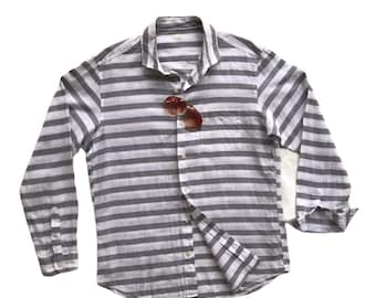 Men Black White Horizontal Stripes Linen Hemp Cotton Shirts Original Authentic Casual Party Summer Outfit Long Sleeve Button Patch Pock Sz L