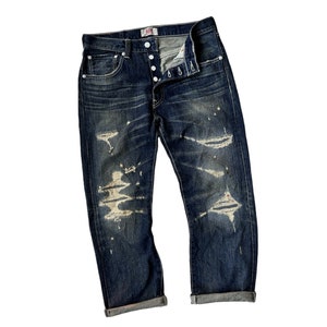 Rare Unique Vintage Patchwork Indigo Jeans Reworked  Street Style Repair Frayed Ripped Denim Patched Upcycled Handmade Boro Japanese Sashiko