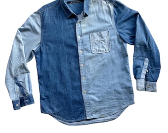 Vintage Blue Denim Patchwork Shirts Colorblocking Different Shades Indigo Combination Jeans Patched Unique Casual Streetwear Long Sleeve Men
