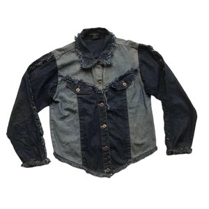 Vintage Handcrafted Western Patchwork Denim Jackets Black Grey Jeans Contrast Stitch Upcycled Coat Classic Ripped Crazy Rare Unique Unisex