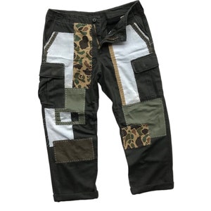 Unique Vintage Military Chino Pant Army Patchwork Camouflage Trouser Cargo Olive Green Rework Remake Denim Patched Handmade Adjustable Waist