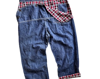 Unique Vintage Dominate Handcrafted Jean Denim Japan Pant Three Quarter Trouser Plaid Detailing Tartan Patched Urban Streetwear Rare Fashion