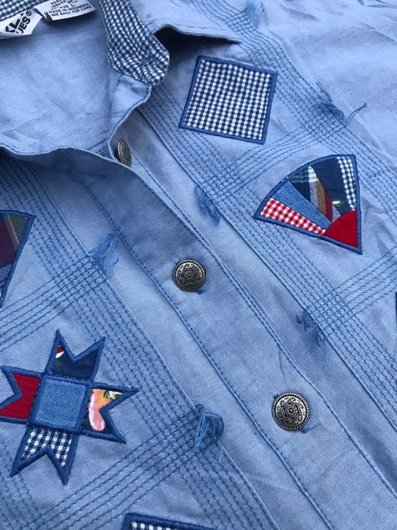 Men Vintage Patchwork Embroidery Chambray Top Sho… - image 7