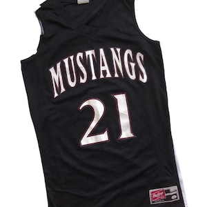 Männer Vintage Basketball Jersey Schwarz Weiß Atmungsaktives Tank Top Singlet Ärmellos Authentisch Polyester Sport Out mustangs Print Made USA Sz M