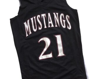 Men Vintage Basketball Jersey Black White Breathable Tank Top Singlet Sleeveless Authentic Polyester Sport Out Mustangs Print Made USA Sz M