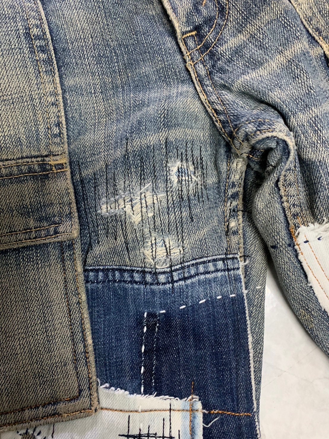 Rare Unique Vintage Patchwork Jeans Reworked Street Style Repair Frayed