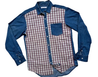 Vintage Blue Indigo Jeans Patchwork Shirts Handcrafted Colorblock Denim Plaid Combination Unique Upcycled Streetwear Retro Style Rare Unisex