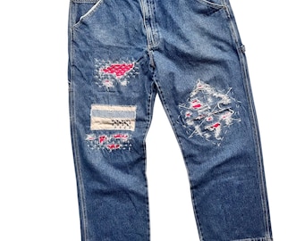 W36 Reworked Stussy Rough and Rugged Jeans With Sashiko Patchwork