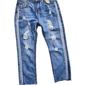 Rare Unique Vintage Patchwork Indigo Jean Rework Street Frayed Hem Ripped Side Striped Tape Denim Upcycled Handcraft Distress Boro Fashion U