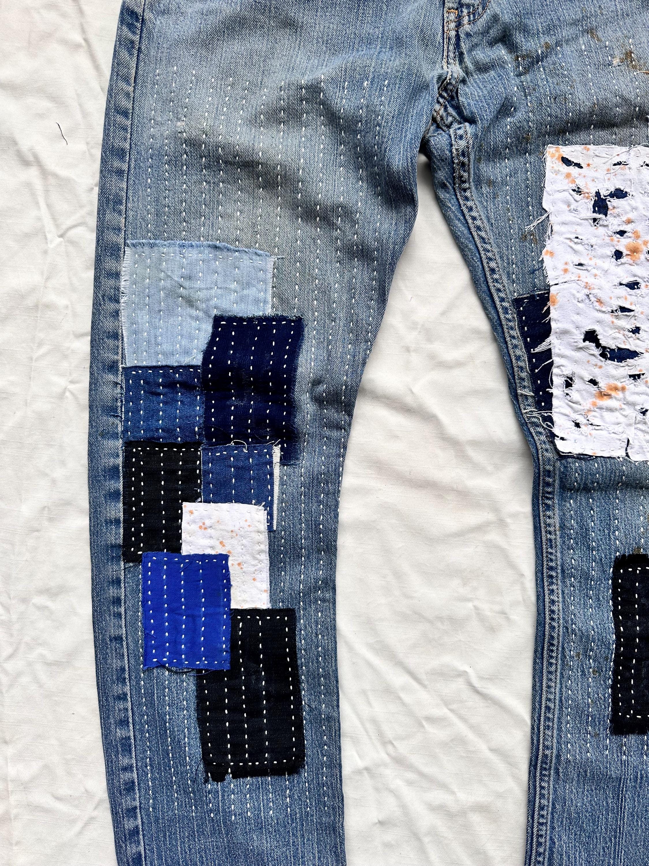 Rare Unique Vintage Patchwork Jeans Reworked Remake Artwork Ripped