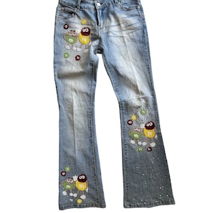 Rare Vintage Bootcut Jeans Unique Beaded Embroidery Patchwork Handcarted Artwork Denim Handmade Beadwork Trouser Retro Woman Fashion Classic