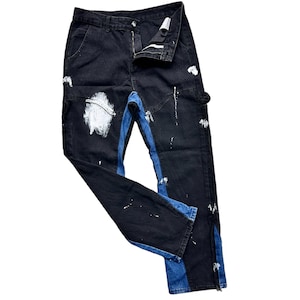 Rare Unique Vintage Upcycled Patchwork Carpenter Black Blue Jeans Reworked Harajuku Tie-Dye Style Grunge Fashion Hand-Painted Splatter Denim