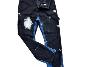 Rare Unique Vintage Upcycled Patchwork Carpenter Black Blue Jeans Reworked Harajuku Tie-Dye Style Grunge Fashion Hand-Painted Splatter Denim