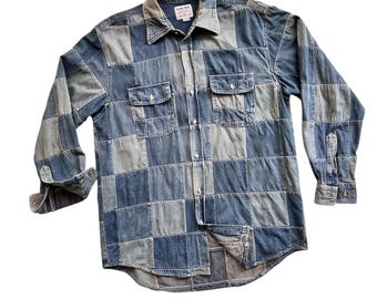 Unique Handcraft Vintage Colorblock Checkered Denim Shirt Patchwork Boro Blue Indigo Jean Rag Combination Rework Retro Street Refashion Rare