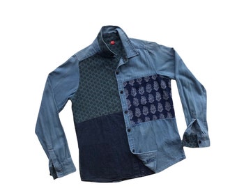 Vintage Blue Indigo Denim Patchwork Shirts Handcrafted Colorblock Patched Combination Jeans Unique Upcycled Casual Outerwear Streetwear Unis