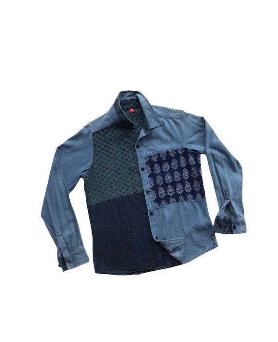 Vintage Blue Indigo Denim Patchwork Shirts Handcra
