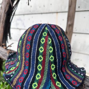 Unique Vintage Missoni Style Wool Knit Beanie Reversible Tribal Rainbow Bucket Hat Boho Hippie Geometric Pattern Aztec Native Rare Handcraft