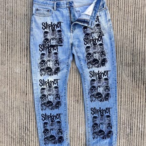 Rare Unique Vintage Graffiti Distressed Slipknot Band Print Paint Jeans Reworked Street Urban Ripped Denim Handcrafted Pant Retro Artisan 36