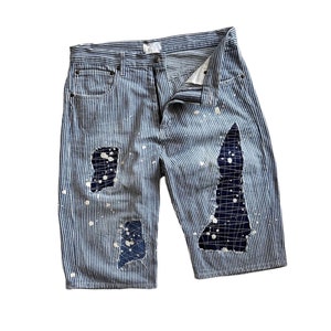 Vintage Men Distressed Repair Stripe Short Denim Patchwork Spaltter Jean Upcycled Destroy Ripped Rare Unique Handcrafted Boro Sashiko Rework