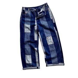 Rare Unique Vintage Patchwork Jeans Colourblock Indi Remake Artwork Ripped Denim Patched Handmade Upcycled Pant Streetwear Retro Relaxed Fit