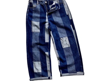 Jeans patchwork vintage unici e rari, con blocchi di colore, rivisitati in stile Indi, strappati, in denim, rattoppati, fatti a mano, riciclati, pantaloni streetwear, retrò, vestibilità rilassata