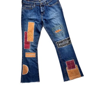 Rare Unique Vintage Patchwork Jean Distressed Bootcut Reworked Remake Upcycled Denim Patched Handmade Sashiko Trouser Frayed Hem Retro Style