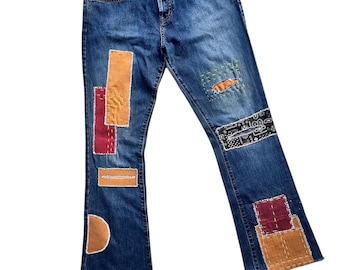 Rare Unique Vintage Patchwork Jean Distressed Bootcut Reworked Remake Upcycled Denim Patched Handmade Sashiko Trouser Frayed Hem Retro Style