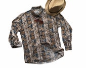 Unique Paisley Print Shirts Classic Floral Tops Brown Retro Men Outfits Lapel Collar Long Sleeves Chest Pocket Summer Rare Party Cotton SzM
