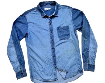 Vintage Blue Denim Patchwork Shirts Colorblock Different Shades Indigo Combination Jeans Upcycled Unique Casual Outerwear Long Sleeves Men S
