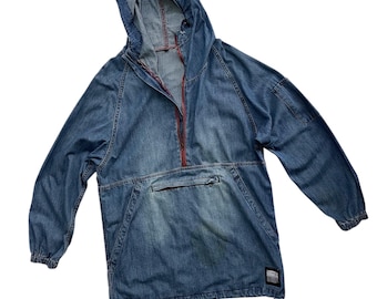 Vintage Denim Hooded Anorak Jacket Mid Wash Blue Unique Rare Pullover Parka Jeans Coat Unisex Street Fashion Half-Zip Front Zipper Pocket JP