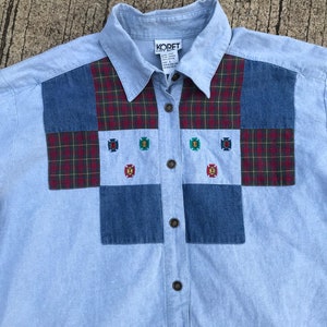 Vintage Men Women Patchwork Embroidery Plaid Chambray Top Long Sleeve Shirts Blue Jeans Denim Buttons Up Classic Unique Casual Outfit Rare L