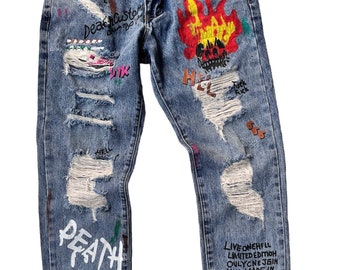 Men's Ripped Paint Splatter Denim Jeans Distressed Zipper