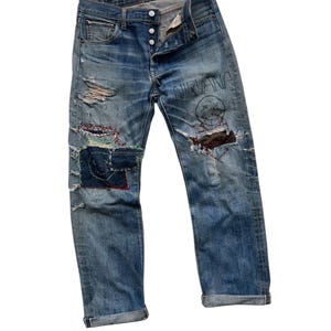 Rare Unique Vintage Patchwork Jeans Reworked Red Tab Selvedge Distressed Denim Patched Crazy Handmade Boro Punk Pant Retro Custom Fashion 32