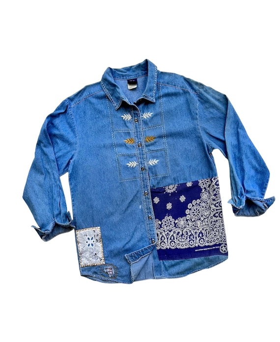 Unique Boro Upcycled Blue Denim Shirts Vintage Pat