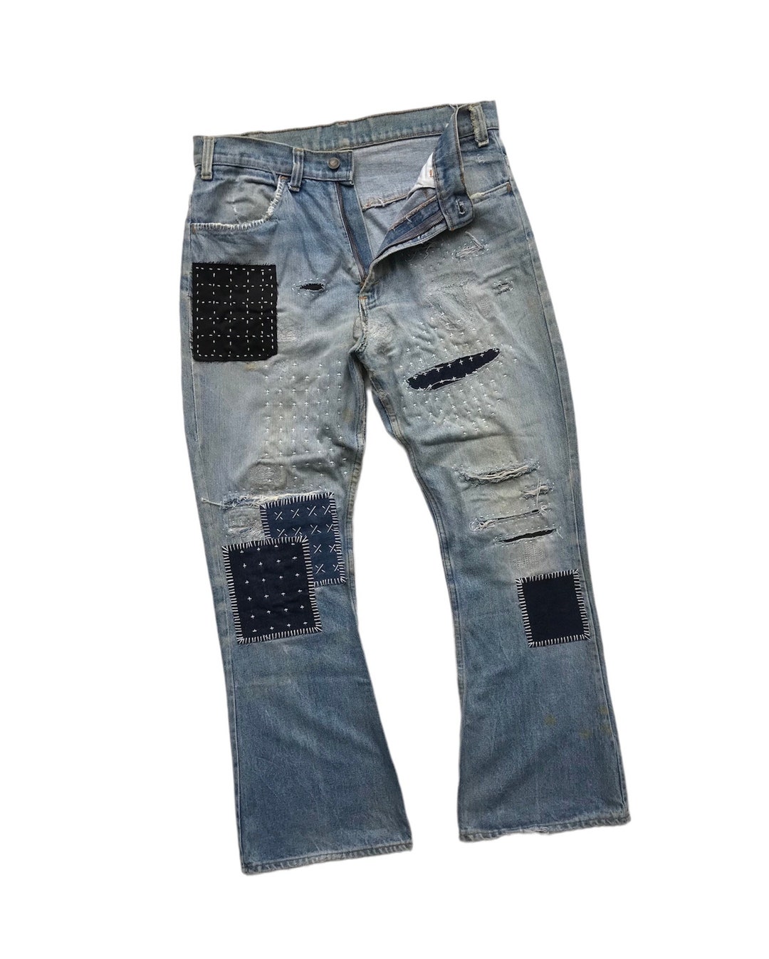 Rare Unique Vintage Patchwork Jeans Bootcut Orange Tab Reworked Remake