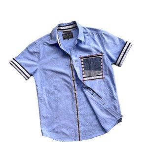 Used Men Vintage Blue Oxford Top Short Sleeve Shirts Button Down Classic Tapered Selvedge Patchwork Style Unique Pockets Casual Outfit Rare
