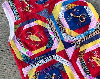 Unique Strange Vintage Tribal Folk Art Patchwork Vest Quilted Waistcoat Top Handmade Applique Hand Sewing Stitch Embroidery Authentic Rare