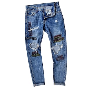 Rare Unique Vintage Graffiti Distressed Print Paint Patchwork Jeans Reworked Street Urban Ripped Denim Crazy Handcrafted Pant Retro Artisan